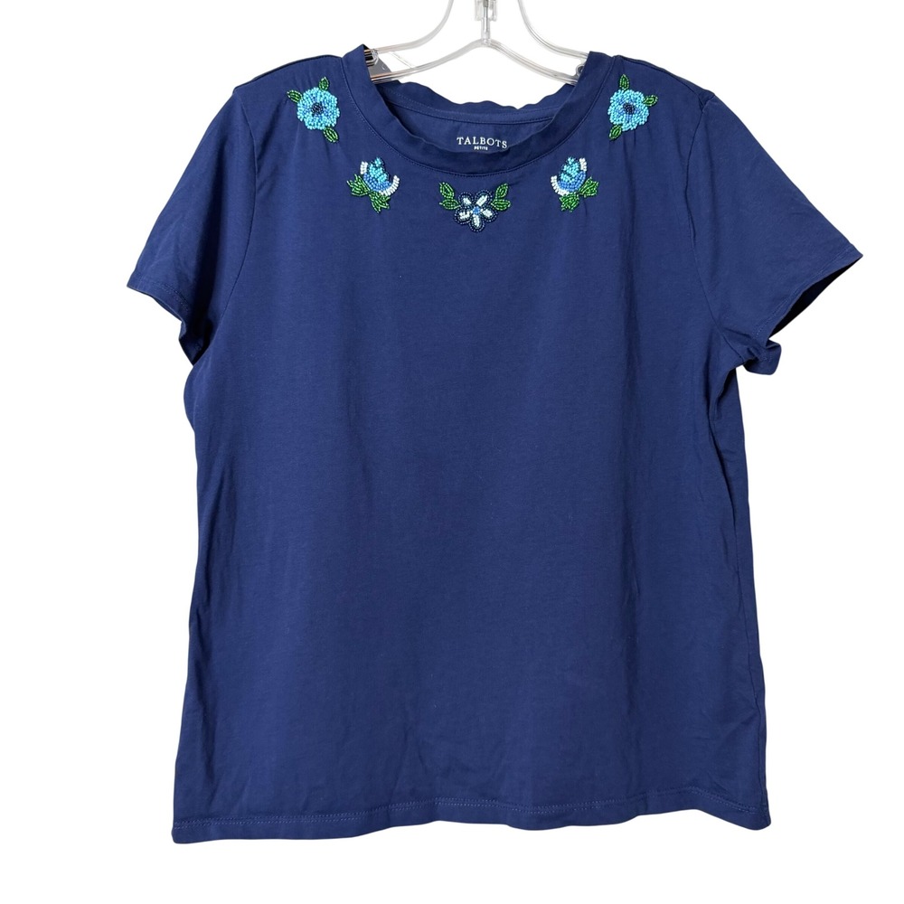 Talbots Beaded Floral T-Shirt Womens Petite Medium Navy Blue Short Sleeve Cotton